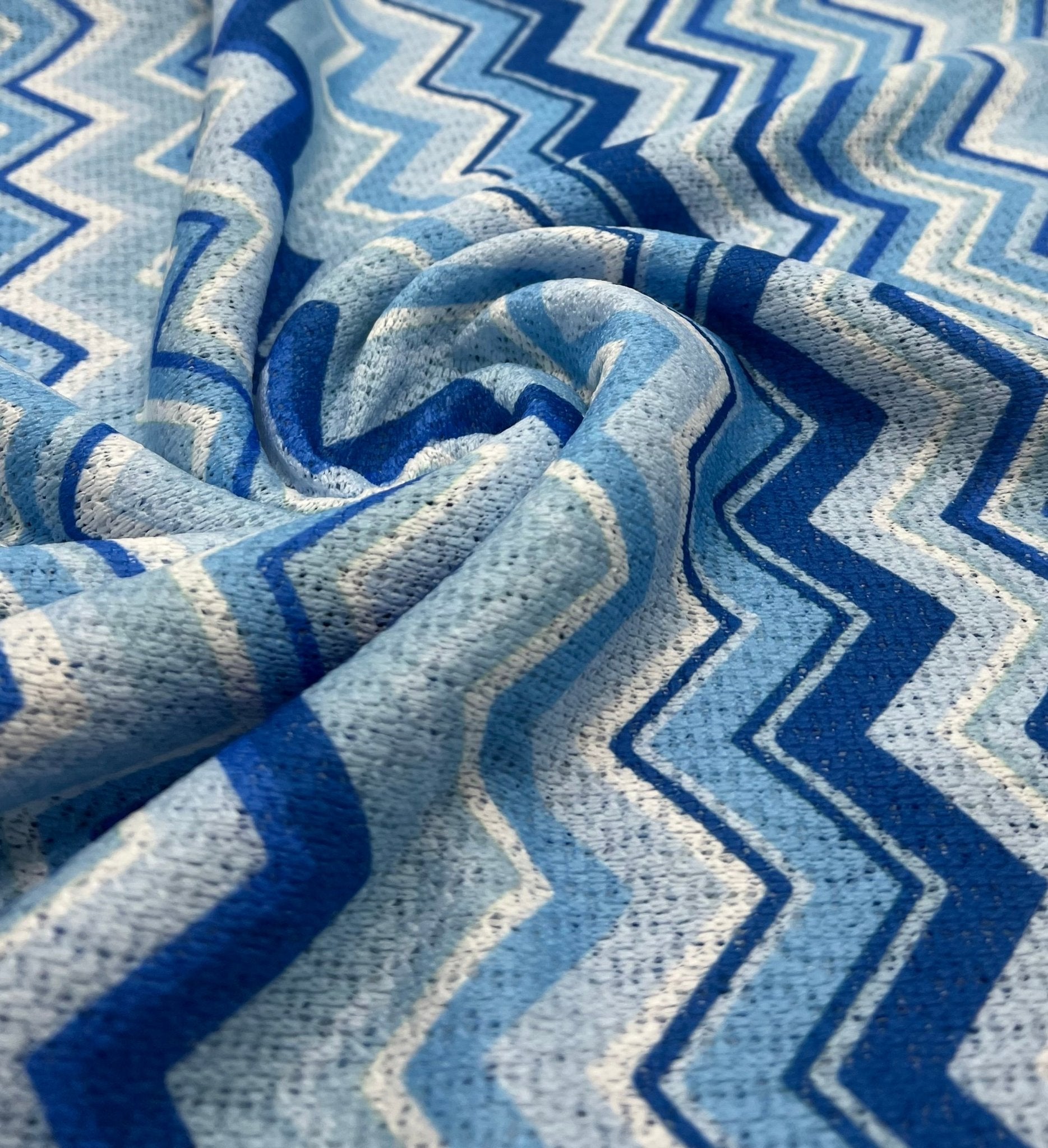 Blue Zigzag Knitted 4 Way Stretch Fabric - T9 Fabrics